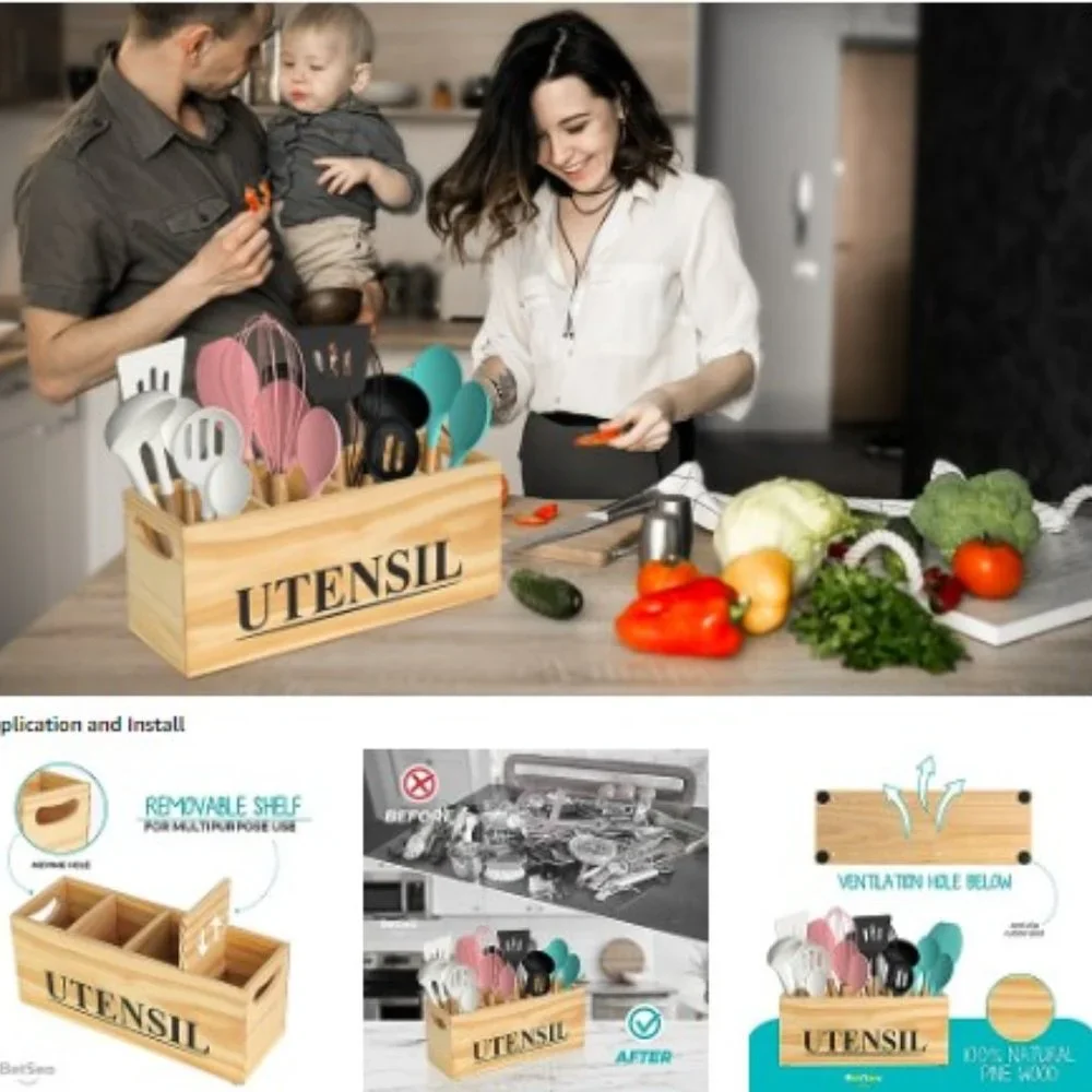 XL - Pine Wood Kitchen Cooking Utensil Holder - 4 Removable Compartments